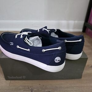 Timberland Navy Canvas Deck Shoes with White Soles